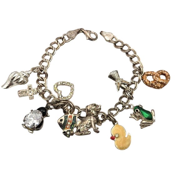 Vtg Sterling Silver 925 Charm Bracelet With Sea Shell Cross Heart Gemstone Fish Dog Rubber Ducky Frog Angel Pretzel Charms 7 " Length