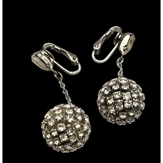 Vintage Rhinestone Ball & Chain Dangle Clip-On Earrings 2" Drop