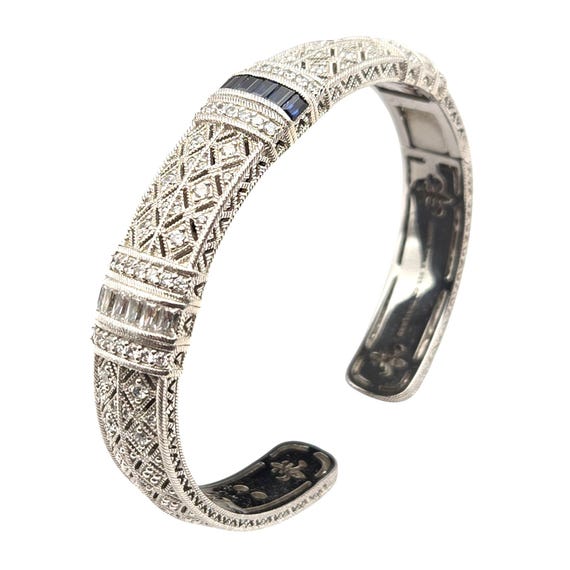 Vtg Judith Ripka 925 Sterling Silver Hinged Cuff Bracelet W/ Blue & Clear Rhinestones Elegant Thailand Crafted