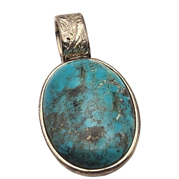 Vintage 925 Sterling Silver Oval Turquoise Pendant With Floral Engraved Back Elegant Boho Style Jewelry Piece