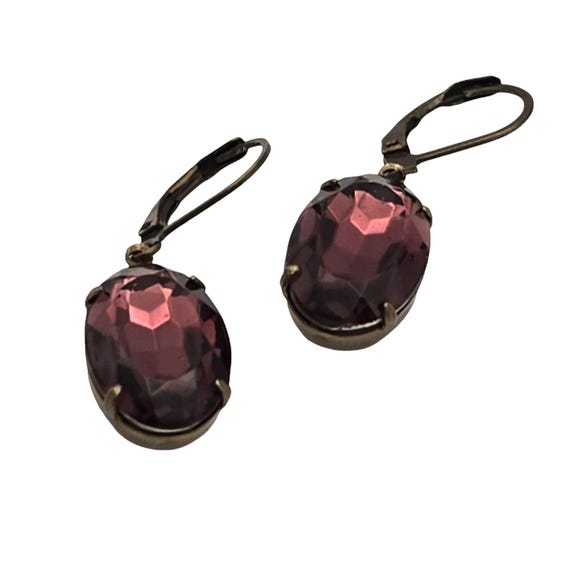 Vintage Oval Amethyst Faceted Stone Drop Earrings With Leverback Closure Antiqued Brass