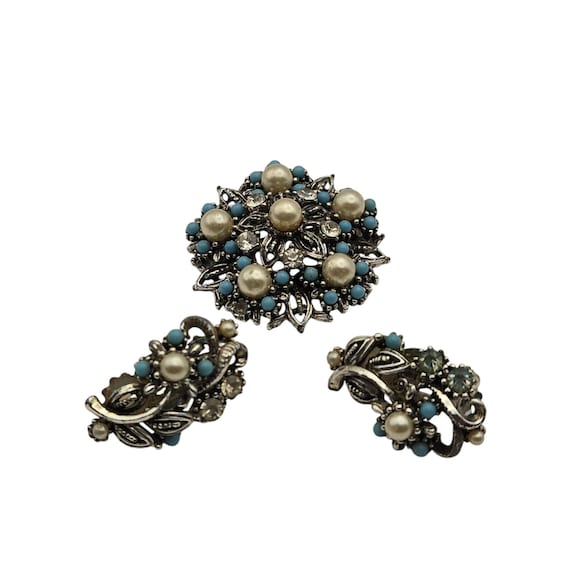Vintage STAR Costume Jewelry Set  Faux Pearl Turquoise Earrings Brooch Pin