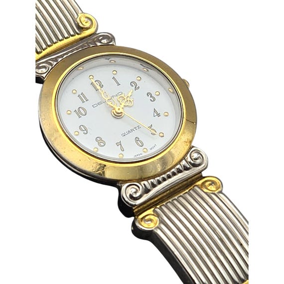 Vtg Dejuno Ladies Quartz Wristwatch Silver & Gold Tone Greek Style Strap 6 3/4" Length 1" Round Face