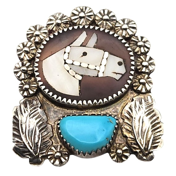 Vintage Native American Zuni Sterling Silver Horse Inlay Gemstone Brooch/Pendant Signed M.B. Simplicio