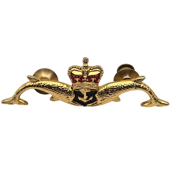 Vintage Royal Navy Submarine Dolphin Pin Gold Plated Enamel Accents Military Service Pin 2 3/8" x 3/4"