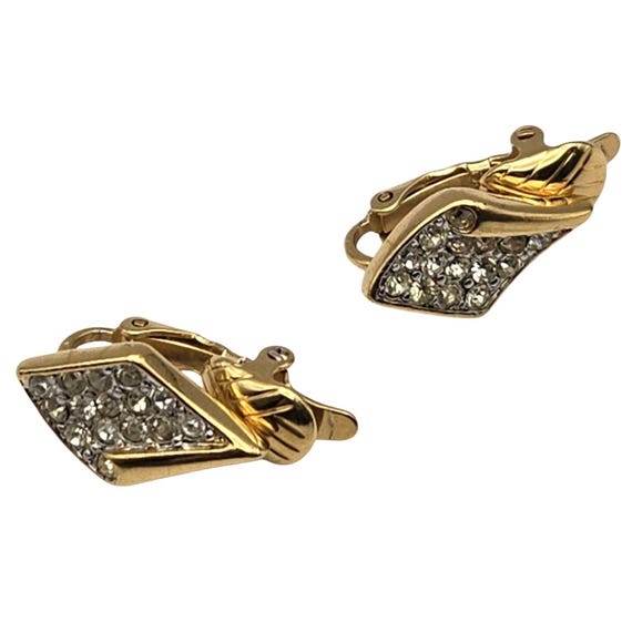 Vtg Trifari Petite Crystal Rhinestone Clip-On Earrings Gold Tone Avant-Garde Jewelry 3/4 " x 3/8 "