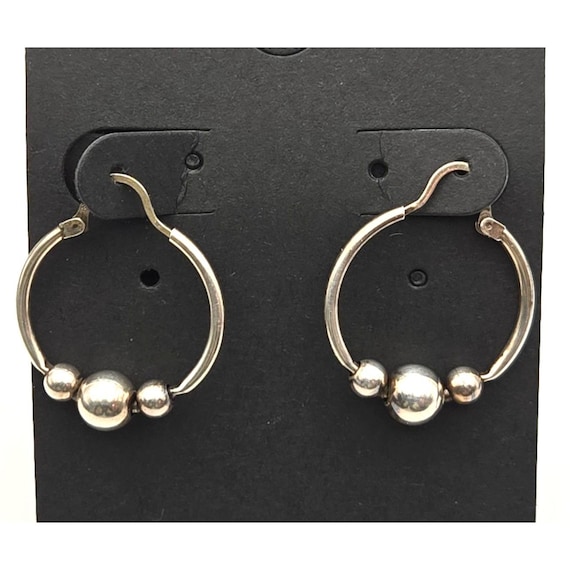 Vtg Sterling Silver Boho Style Hoop Earrings With Bead Accent 3/4 " x 1 "