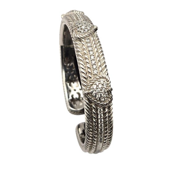 Judith Ripka Sterling Silver Hinged Cuff Bracelet With Swarovski Crystals & Heart Motif Vintage Design Thailand
