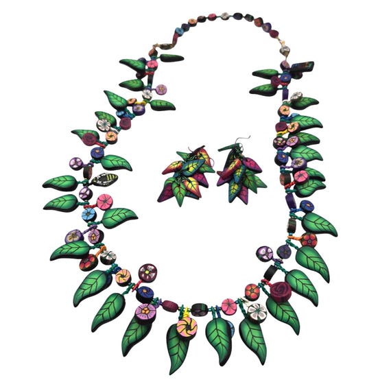 Floral Leaf-Themed Polymer Clay Necklace & Earrings Set With Vibrant Colors - Detailed Patterns 21 " X 1 1/2 "