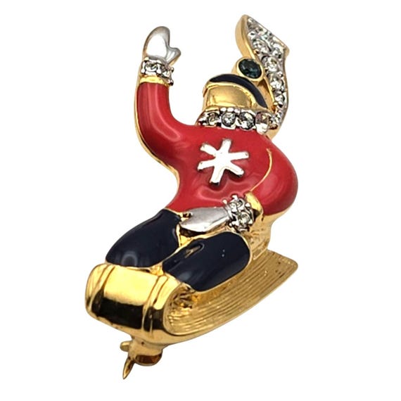 Vintage Monet Sledding Brooch Pin W/ Rhinestone & Enamel Accents 1 3/4 "