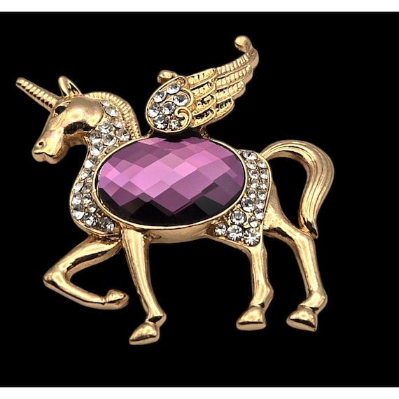 Vintage Rhinestone & Amethyst Crystal Flying Unicorn Brooch