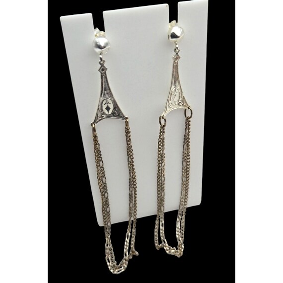 Vintage Anne Sheffield Silver Dangle Chain Earrings Triangular Filigree Design Long Drop