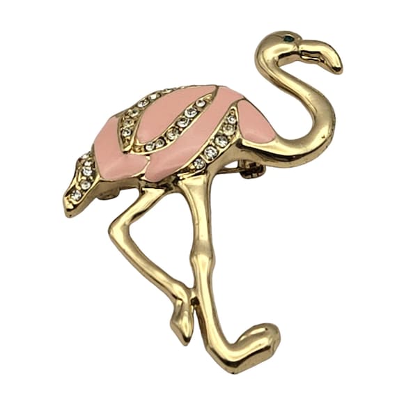 Flamingo Gold Tone Brooch With Rhinestones & Pink Enamel