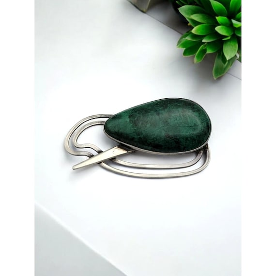 Vintage Sterling Silver & Malachite Brooch Abstract Design Handmade 2" Length