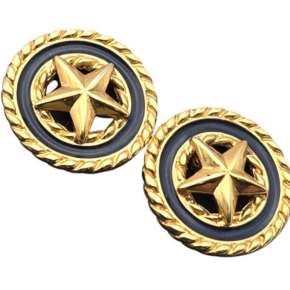 Vtg Classic Monet Star Button Style Stud Earrings With Deep Blue Enamel & Gold-Tone Accent Design 7/8 "