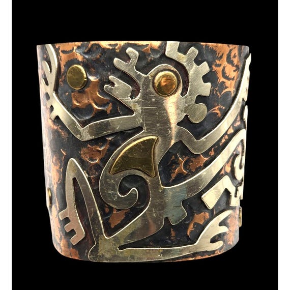 Handcrafted Vintage Aztec-Mayan Mexican Cuff Bracelet Silver Brass & Copper