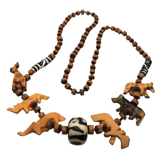Vtg Hand Made Carved Wooden African Tribal Necklace With Animal & Resin Wood Beads