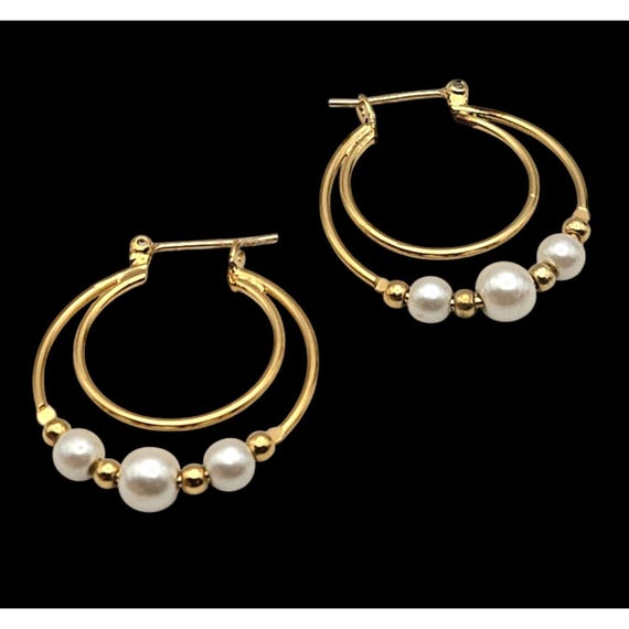 Vintage Napier Gold-Tone Pearl Hoop Earrings 1" Round Elegant Design
