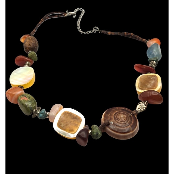 Vtg. Natural Agate Stone Custom Necklace With Unique Stones & Decorative Accents 16 1/2 "