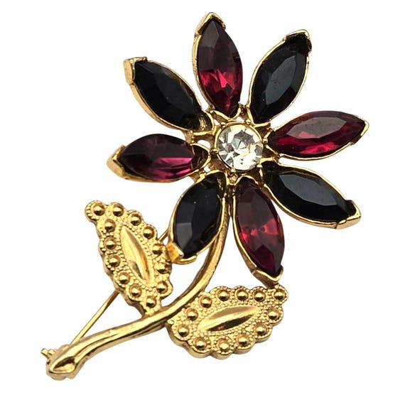 Vtg 1928 Red & Black Rhinestone Flower Brooch Gold Tone Metal Pin Jewelry Gift Idea