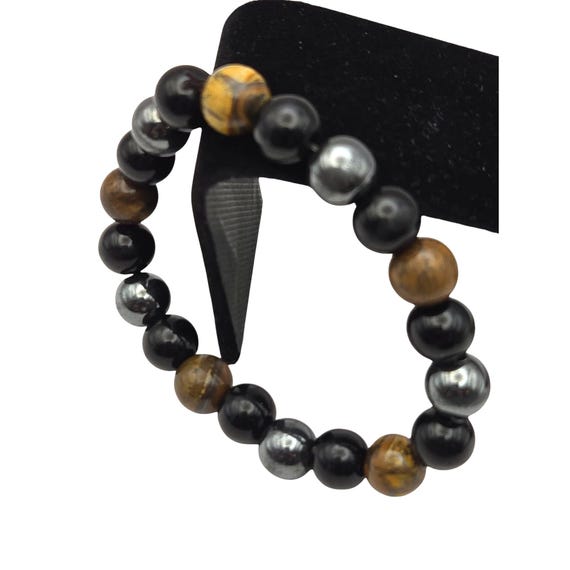 Vtg. Gemstone Healing Stretch Bracelet Featuring Tigers Eye Black Onyx & Hematite Beads Size 6.5-7