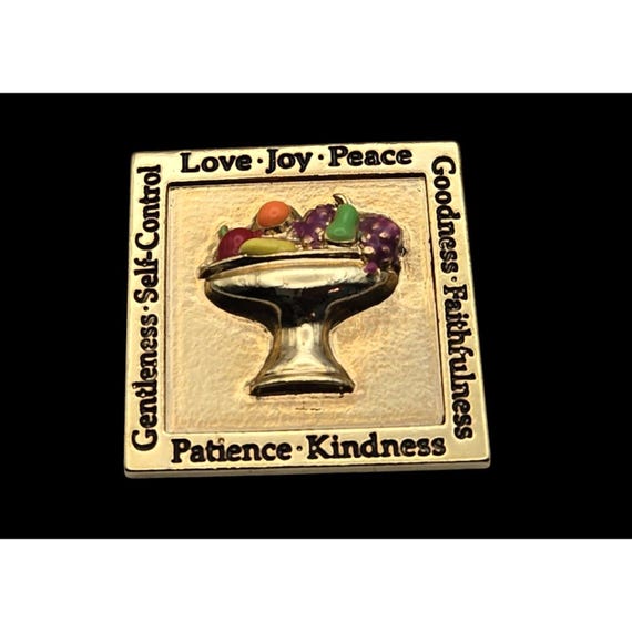 Vintage JJI USA Fruits Of The Spirit Brooch Pin Gold Tone Enamel Square Shape With Inspirational Words Love Joy Peace