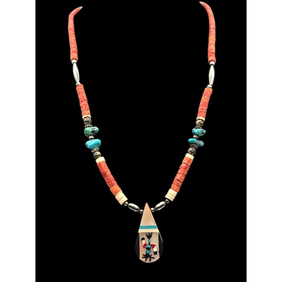 Vtg Zuni Kachina Coral Turquoise Beaded Necklace W/ MOP Inlay Pendant & Silver Accents 22 "