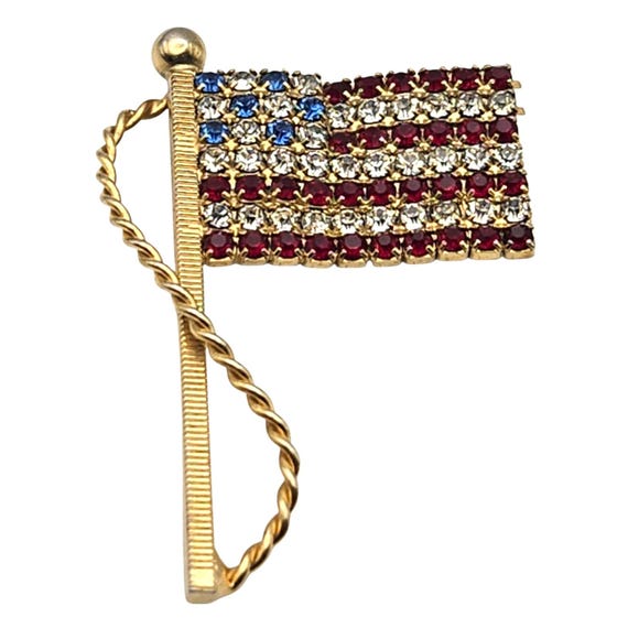 Vintage Gold Tone American Flag Brooch With Red White & Blue Rhinestones 2 " X 1 3/8 "