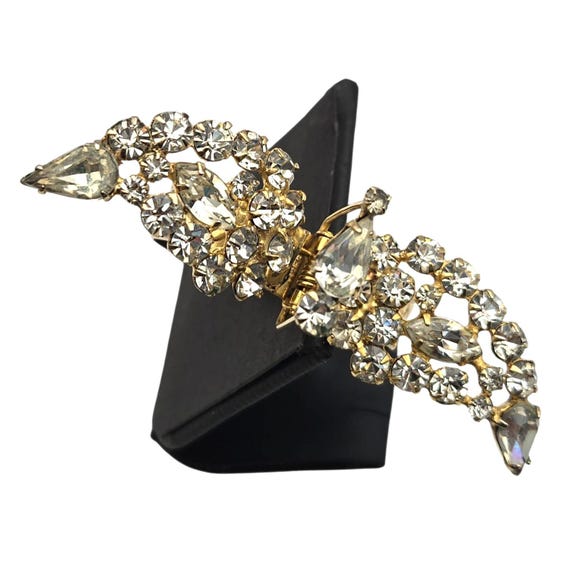 Vintage Gold Tone Crystal Bird Scarf Clip Brooch With Rhinestones & Hinged Opening 2 3/4" X 3/4" Elegant Design
