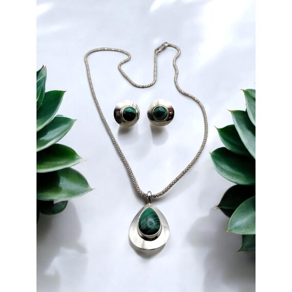Sterling Silver Malachite Pendant Necklace & Earrings Set