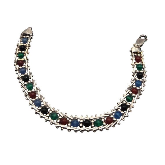 Vintage Sterling Silver Bracelet W/ Multicolor Gemstones In Red Blue Green & Black 7 1/2 " X 3/8 "