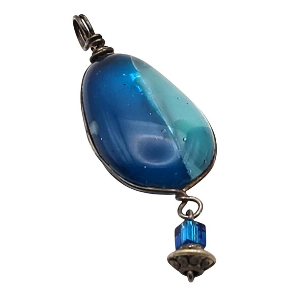 Blue Art Glass Teardrop Pendant With Metal Accents & Bead Detail 2 " X 3/4 "