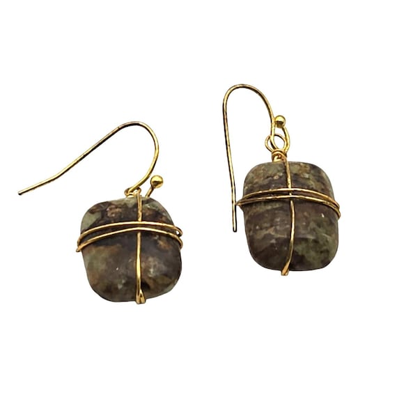 Handcrafted Gold Wire-Wrapped Natural Moss Agate Dangle Earrings