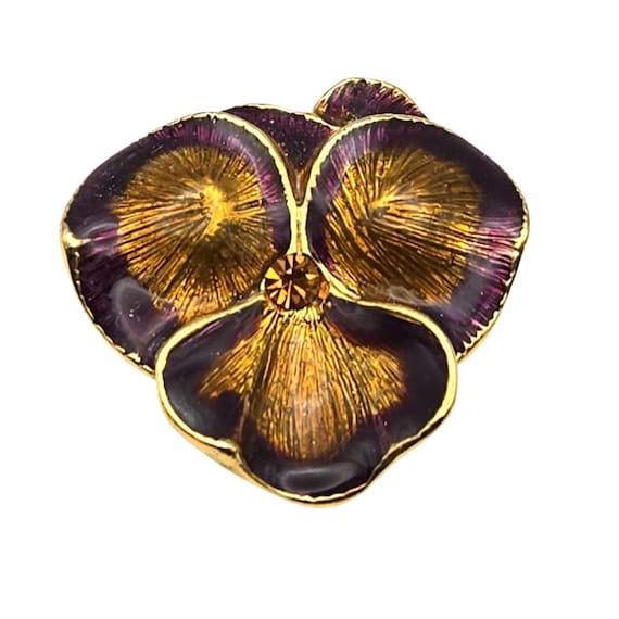 Vtg Joan Rivers Purple & Gold Enamel Pansy Brooch Pin With Rhinestone Center 1 1/4 "