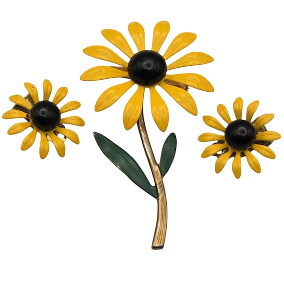 Vtg Black-Eyed Susan Floral Brooch & Clip-On Earrings Set Enamel Yellow Black Goldtone Retro Jewelry