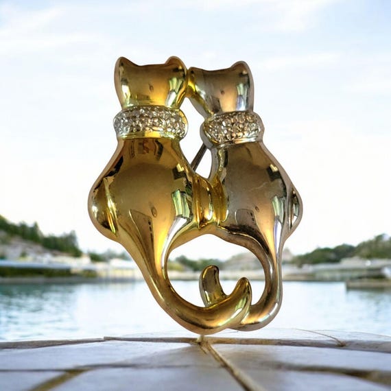 Gold & Silver Cat Brooch With Rhinestone Collars Kitty Brooch Kitty Pin