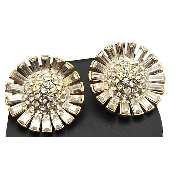 Vintage Gold Tone Crystal Rhinestone Sunburst Stud Earrings