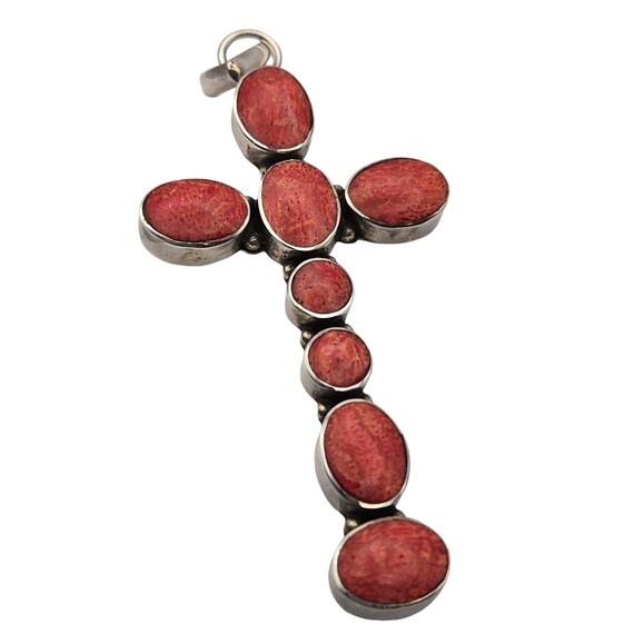 Vtg Sterling Silver Red Coral Cabochon Cross Pendant Southwestern Style 2.5" X 1.125"