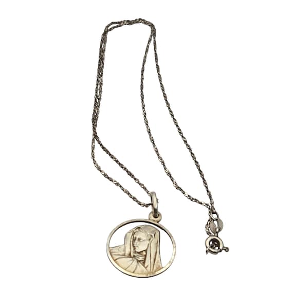 Silver Madonna Pendant Necklace With diamond Cut Twisted Chain