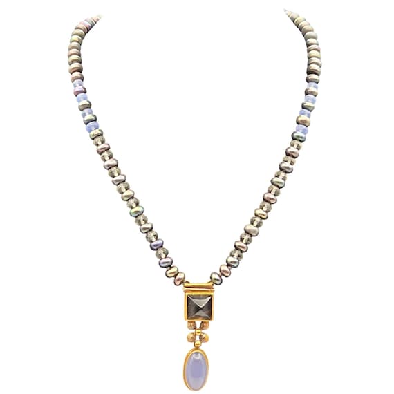Ann Krupp Designer Black Pearl - Crystal Necklace W/ 14-18-22 Kt. Yellow Gold Pendant Moonstone & Topaz Artist Signed