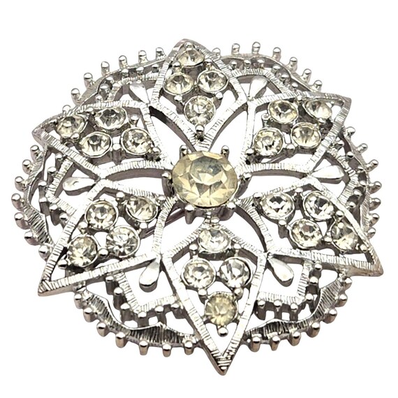Vintage Silver-Tone Rhinestone Flower Brooch Pin 2 " X 2 "