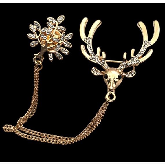 Stunning Vintage Gold Tone Deer Antler Brooch With Rhinestones & Double Chain Design For Elegant Fashion