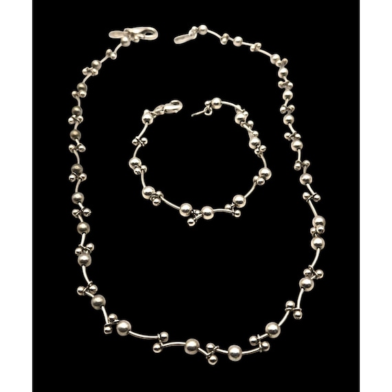 Vintage Premier Designs Link / Ball Beaded Necklace & Bracelet Set Silver Tone Finish 17 1/2 "
