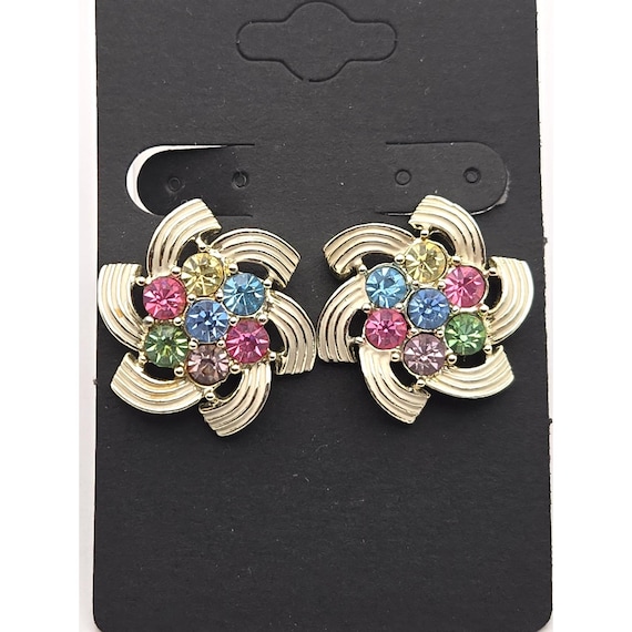 Vintage Sarah Coventry Multicolor Rhinestone Clip-On Earrings 1 " X 1 "