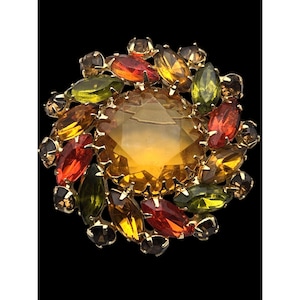 Vintage Fall Watermellon Multicolor Rhinestone Brooch With Gold-Tone Metal Finish