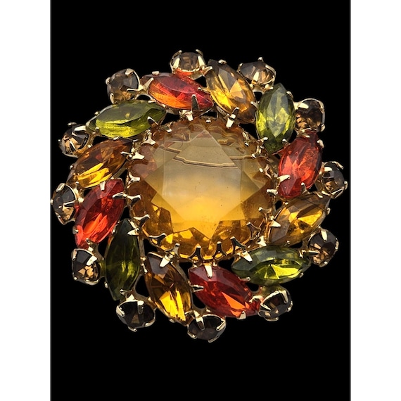 Vintage Fall Watermellon Multicolor Rhinestone Brooch With Gold-Tone Metal Finish