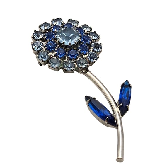 Vintage Blue Rhinestone Flower Brooch With Silver-Tone Metal Design 2 3/8 " X 1 "