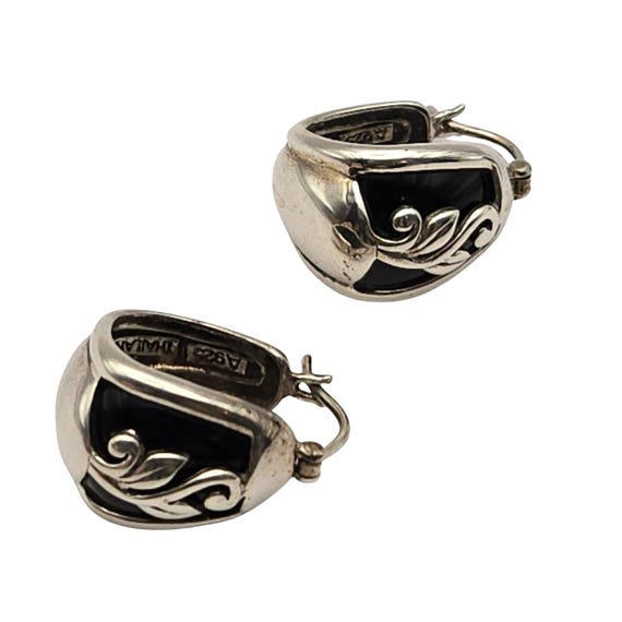 Vtg Sterling Silver Black Enamel Hoop Earrings Floral Design Signed 925 Thailand 3/4" Hoops X 1/2" Width