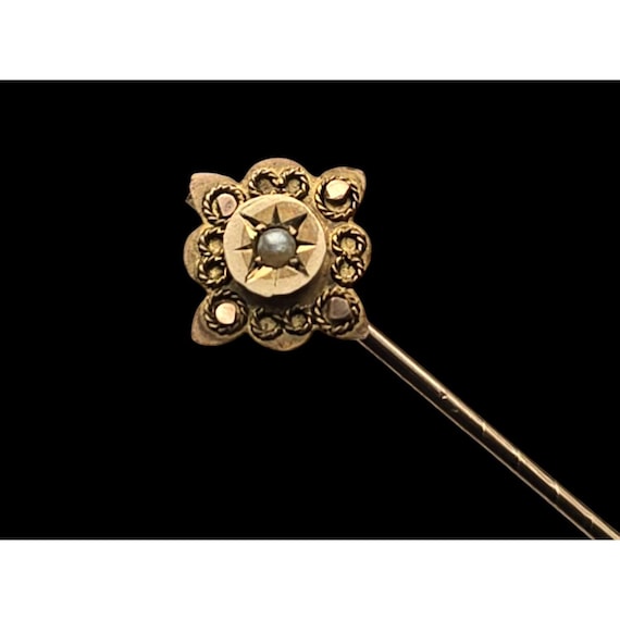 Victorian 10K Gold Stickpin With Seed Pearl Accent & Intricate Floral Design 2 "