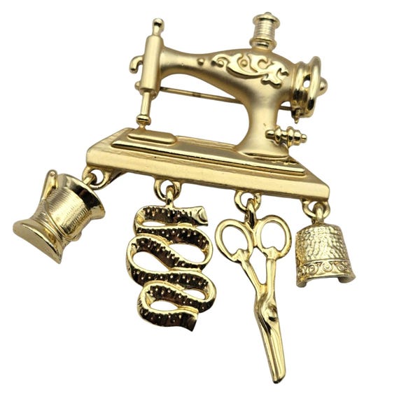 Vtg Danecraft Gold-Tone Sewing Machine Brooch With Charms Scissors Thimble Spool Gift For Seamstress